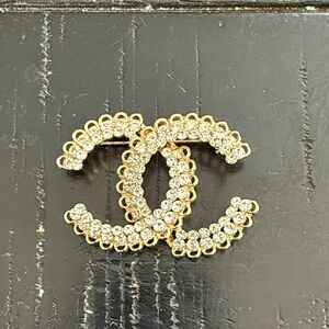Gold-Tone Crystal Double-C Logo Brooch - Designer-Inspired